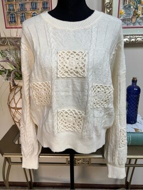 GILLI Cream Cable-Knit Patchwork Cottagecore Crochet Crewneck Sweater Size Large
